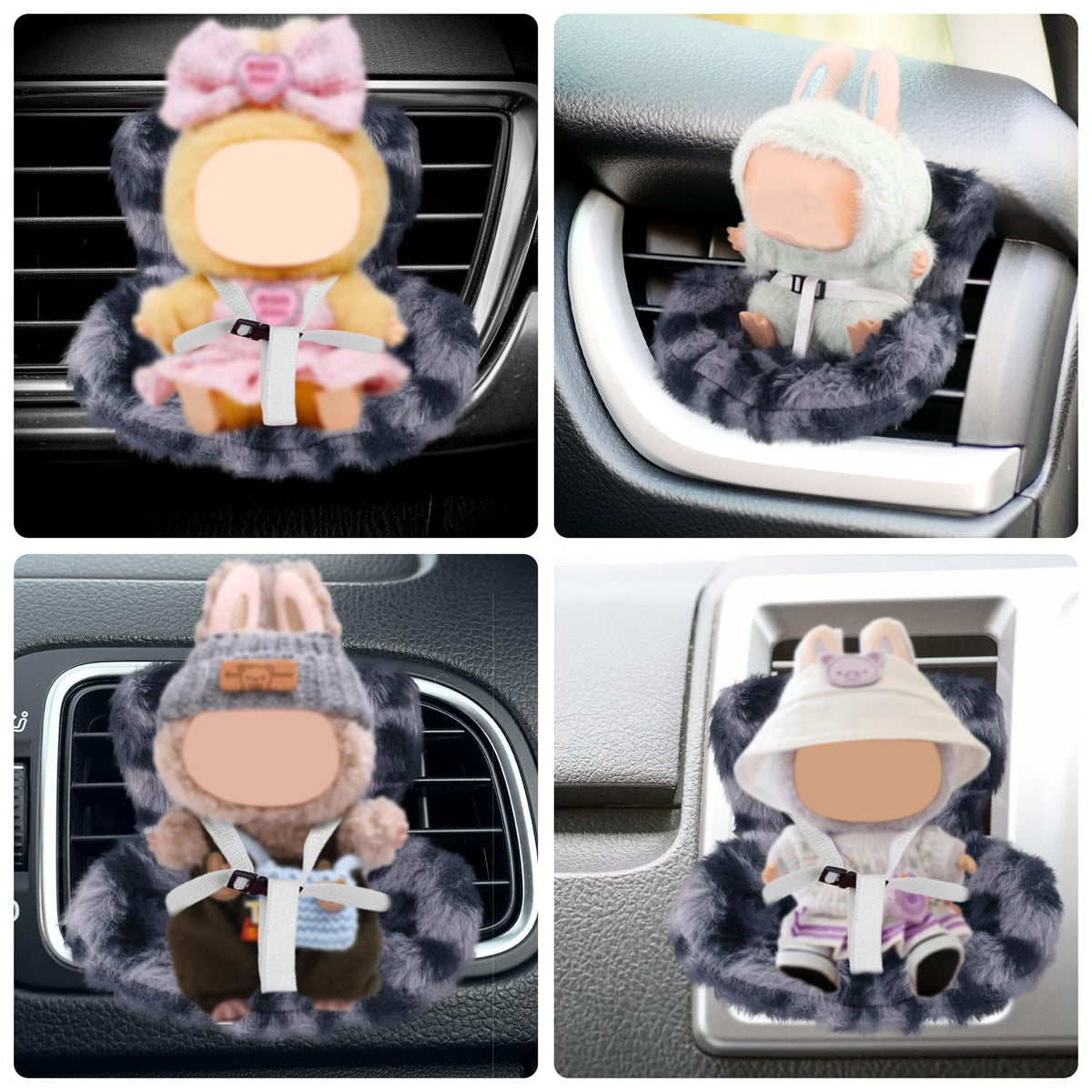 Car Seat for Dolls, Cute Safety Decorative Sofa with Soft Furry Cushion, Air Vent Clip Display Chair Stylish Car Desktop Decor for Blind Box Toys & Collectible Dolls (Blue Gray Leopard)