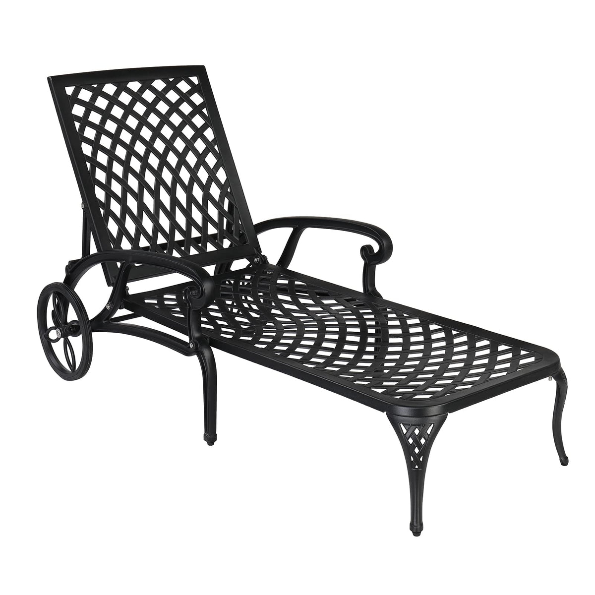 VINGLI Cast Aluminum Outdoor Chaise Lounge Chair with Wheels, Patio Chaise Lounges with 3-Position Adjustable Backrest, Pool Lounge Chair Reclining Chairs for Poolside Tanning (1, Black)