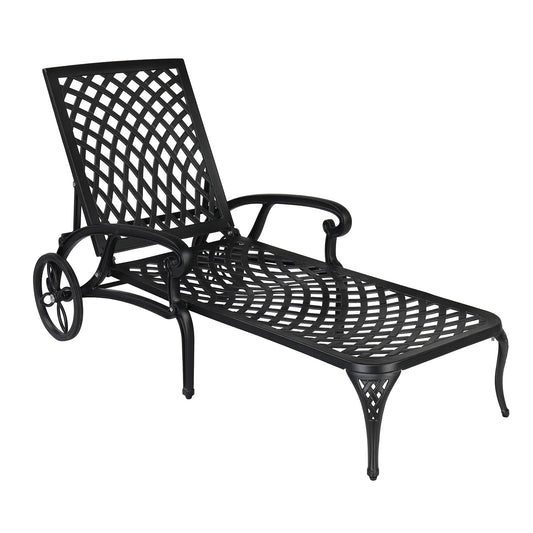 VINGLI Cast Aluminum Outdoor Chaise Lounge Chair with Wheels, Patio Chaise Lounges with 3-Position Adjustable Backrest, Pool Lounge Chair Reclining Chairs for Poolside Tanning (1, Black)