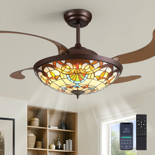 APBEAMLighting 52inch Ceiling Fan Tiffany Style Stained Glass Retractable Ceiling Fans with Remote & Dimmable Light 6-Speed Reversible Motor for Bedroom Dining Room Living Room Kitchen