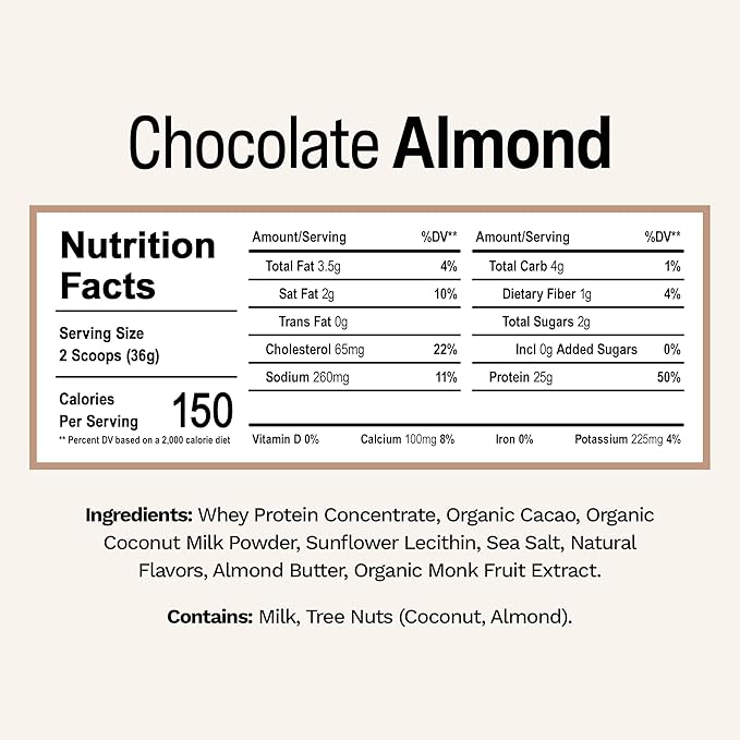 Rise Grass-Fed Whey Protein Powder - Chocolate Almond | 25g Protein No Artificial Flavors, Colors, or Preservatives - Sugar Free, Gluten-Free, Soy Free (2.4 lbs)