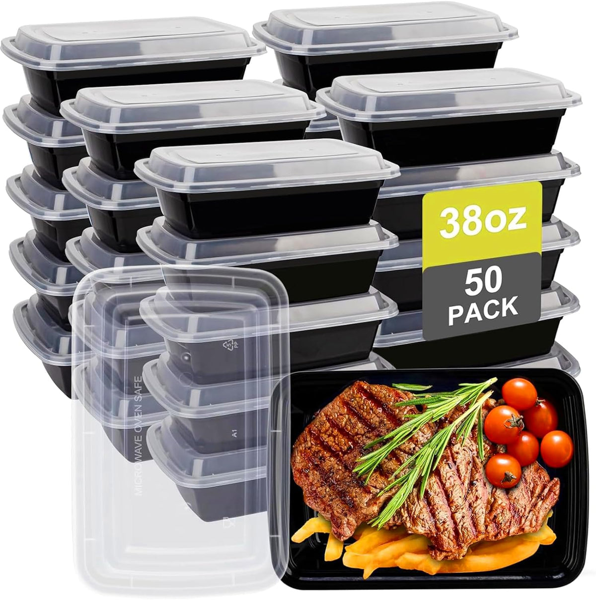 kkyvvy Meal Prep Containers 38oz 50 Pack Plastic To Go Food Containers, Disposable To Go Containers with Lids BPA Free, Microwave/Dishwasher/Freezer Safe