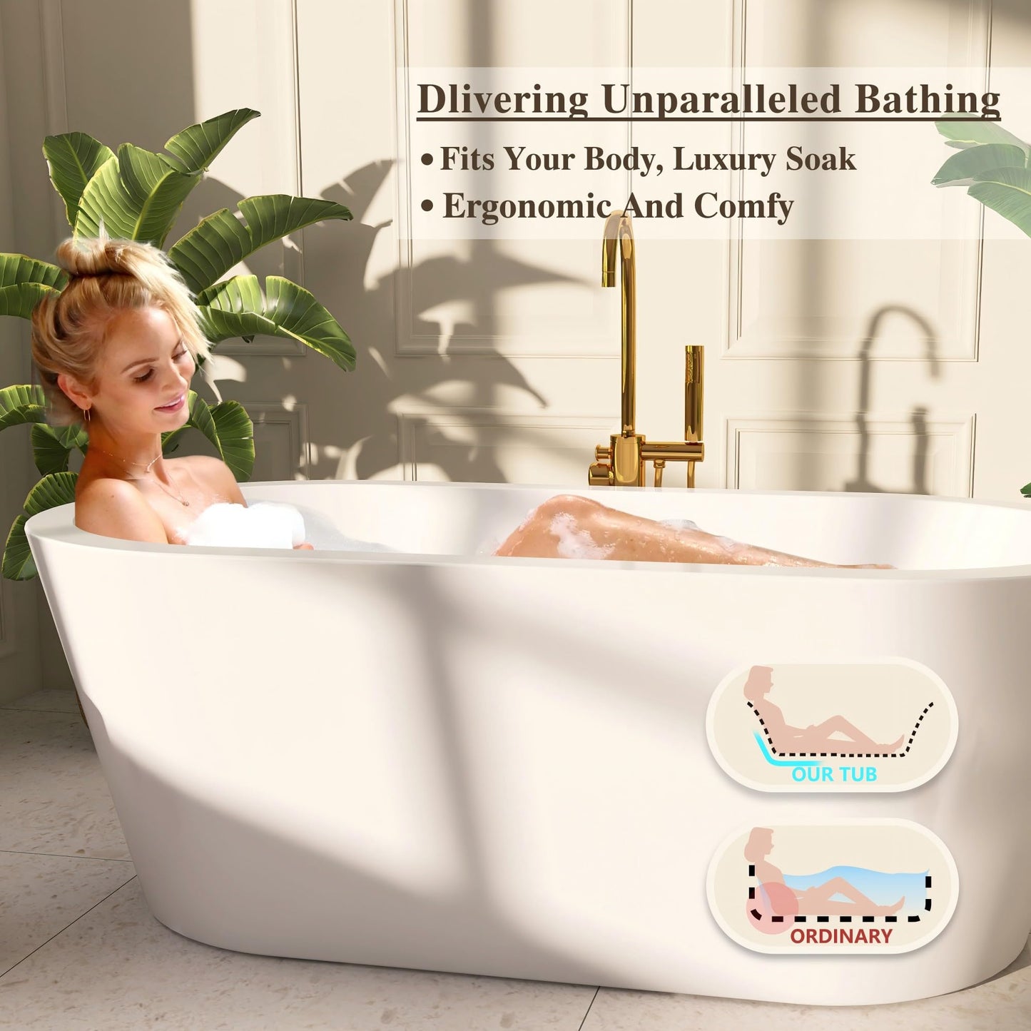 Adecab 64" Acrylic Freestanding Bathtubs, Stand Alone Tub, Soaking Tubs for Bathroom, Integrated Overflow and Drain, cUPC Certified, Gloss White