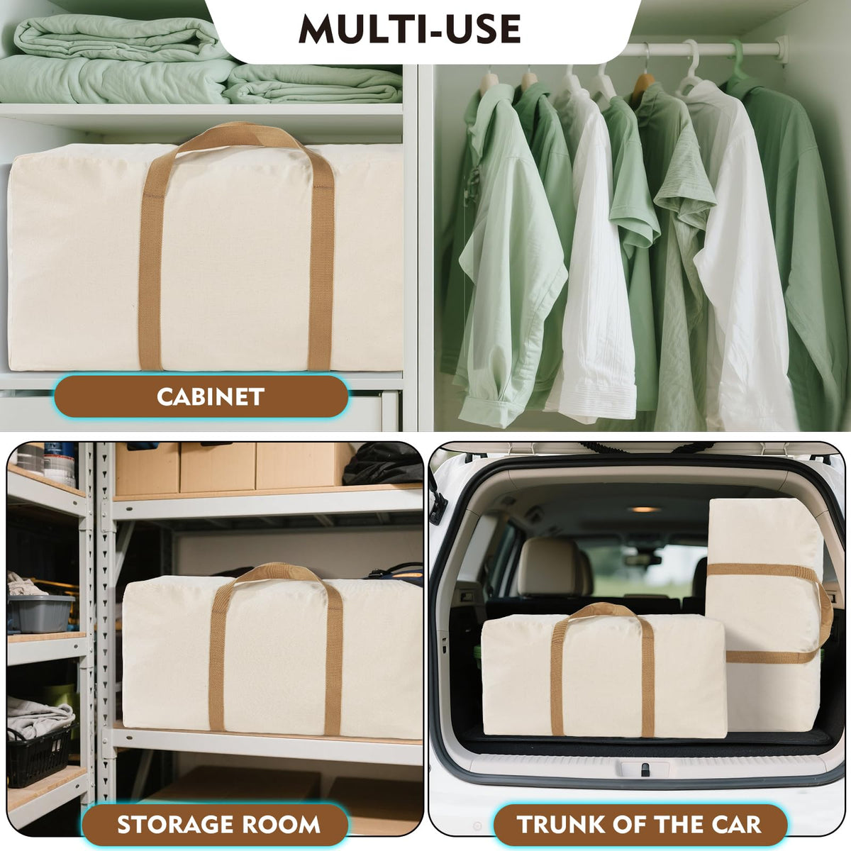 GORISEN Canvas Storage Duffle Bag, Large Capacity Moving Bag with Tan Handles, Washable and Reusable (1, BEIGE, 31''x15''x15'')