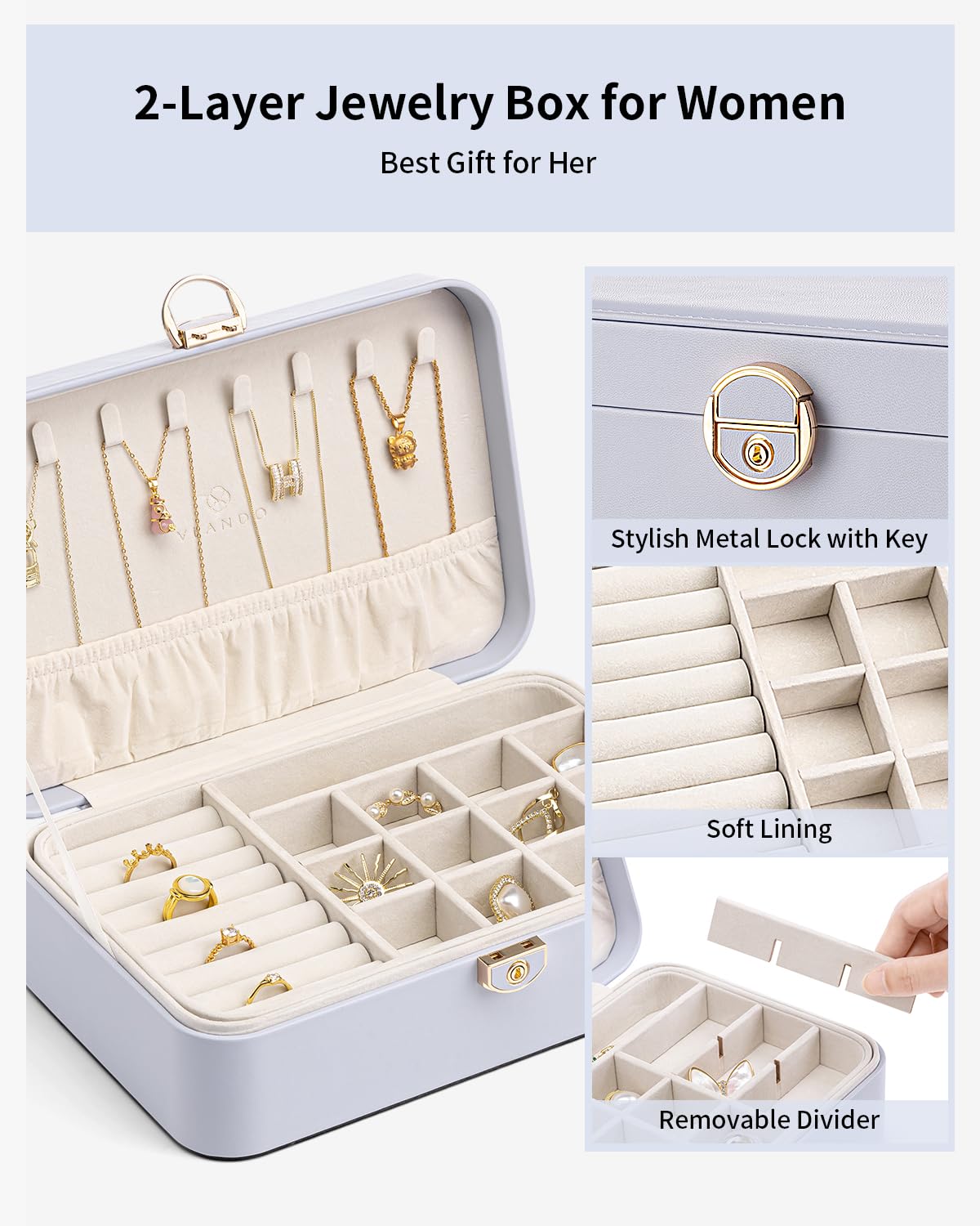 Vlando Jewelry Box Organizer for Girl,Faux Leather Lockable Jewelry Holder Organzier Case Boxes with 2 Layers,Earrings Necklace,Rings Storage,Wedding Warm Gifts Purple
