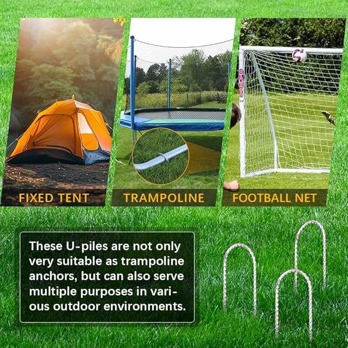 12" Trampoline Stakes Anchors high Wind u Stake for Ground Anchors Heavy Duty Trampoline Anchor Accessories (Silver-8PCS)