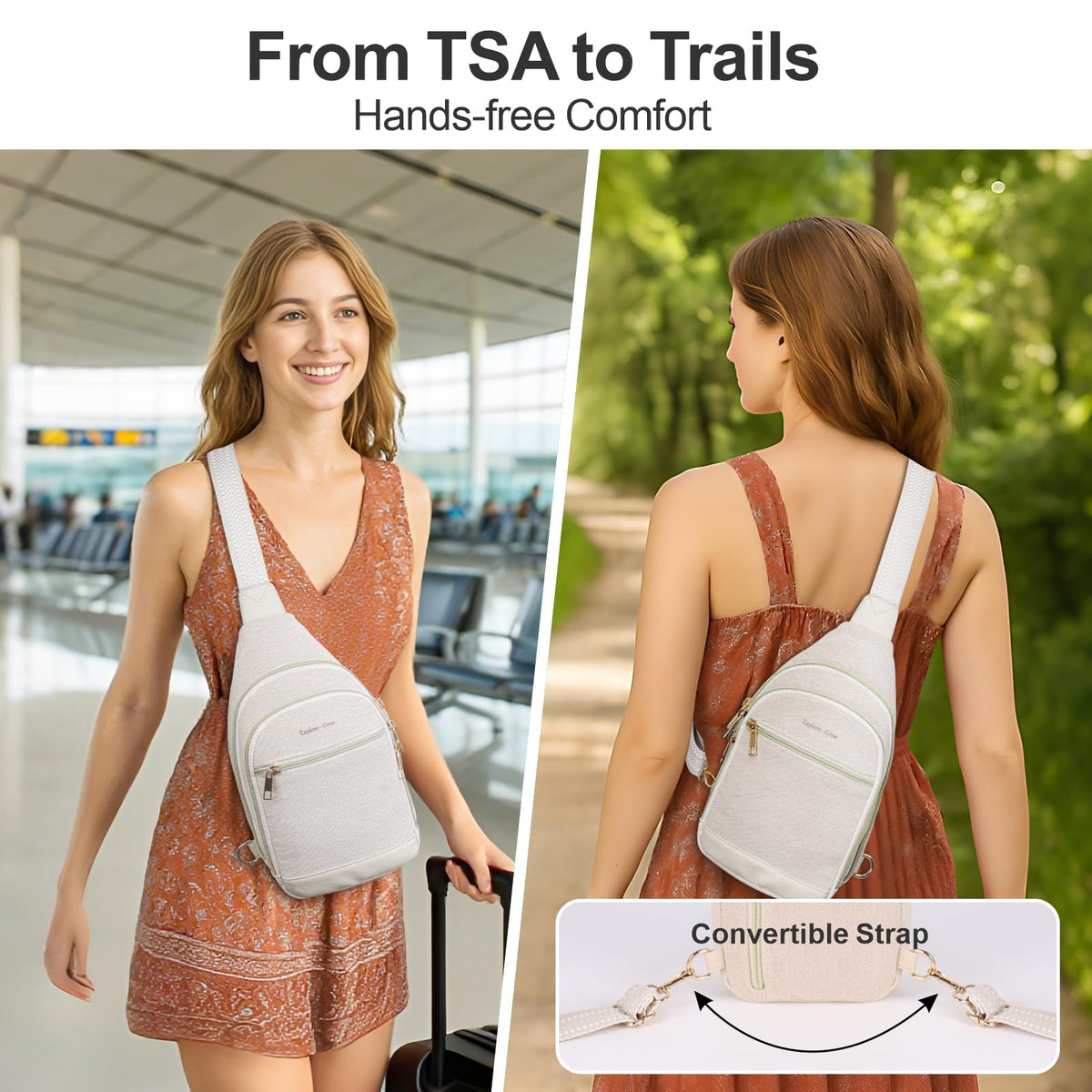 Packism Travel Sling Bag for Women Valentine's Day Gift with Box and Message Card - Anti-Theft Canvas Crossbody Bag with 7 Pockets, Leather Bottom, Fits iPad Mini, 6.3x3.4x11 Inches, Beige
