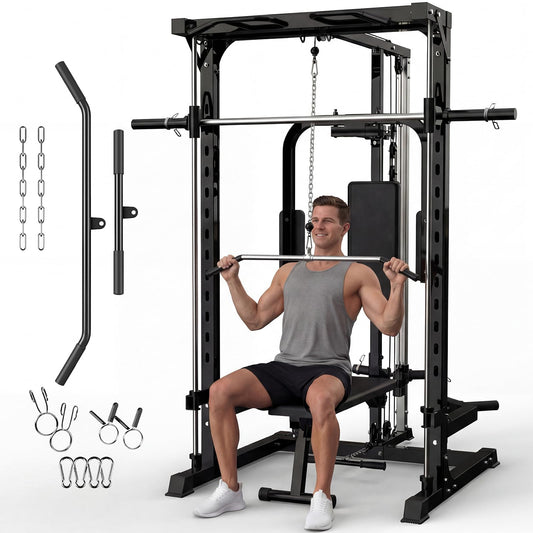 Garvee Smith Machine with Bench, Heavy Duty Power Cage Squat Rack with Smith Bar, LAT Pulldown System, Chest Station & More Training Attachment, Home Gym Equipment for Strengthen Training