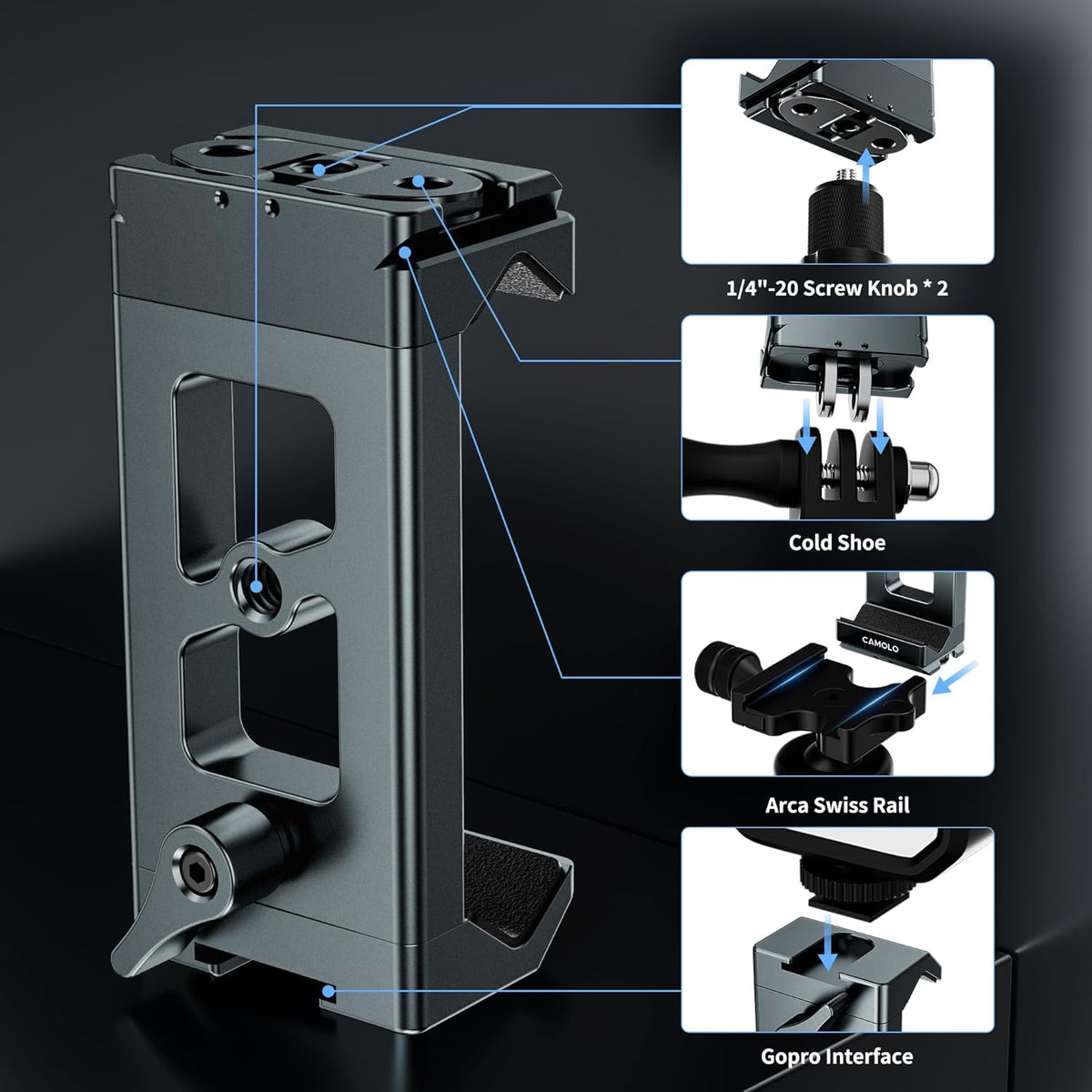CAMOLO GEEK Metal Phone Tripod Mount Arca Port & Action Camera Adapter, Adjustable Smartphone Tripod Adapter Clamp Cell