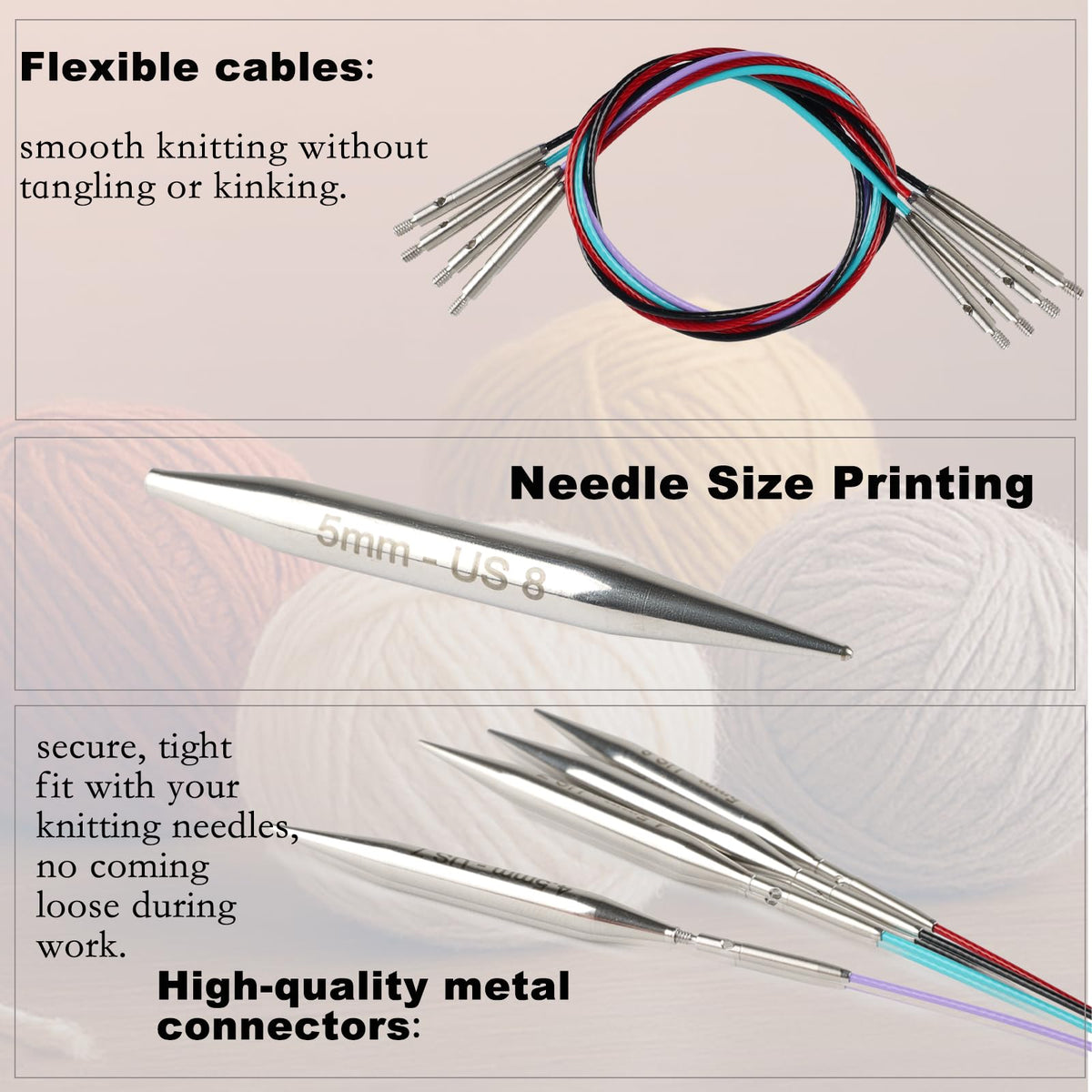 Svartur 2 inch Interchangeable Circular Knitting Needles, Stainless Steel Shorties Interchangeable Knitting Needles with 4 Assorted Cables, Storage case