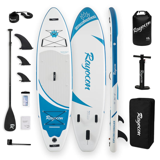 Inflatable Stand Up Paddle Board 11'×34" Extra Wide SUP, Ultra-Stable for Adults & Dog, 450lbs, Dual Chamber Pump, Fiberglass Paddle, Military Grade Dual Layer, Wild Bear Claw Polar Design Blue