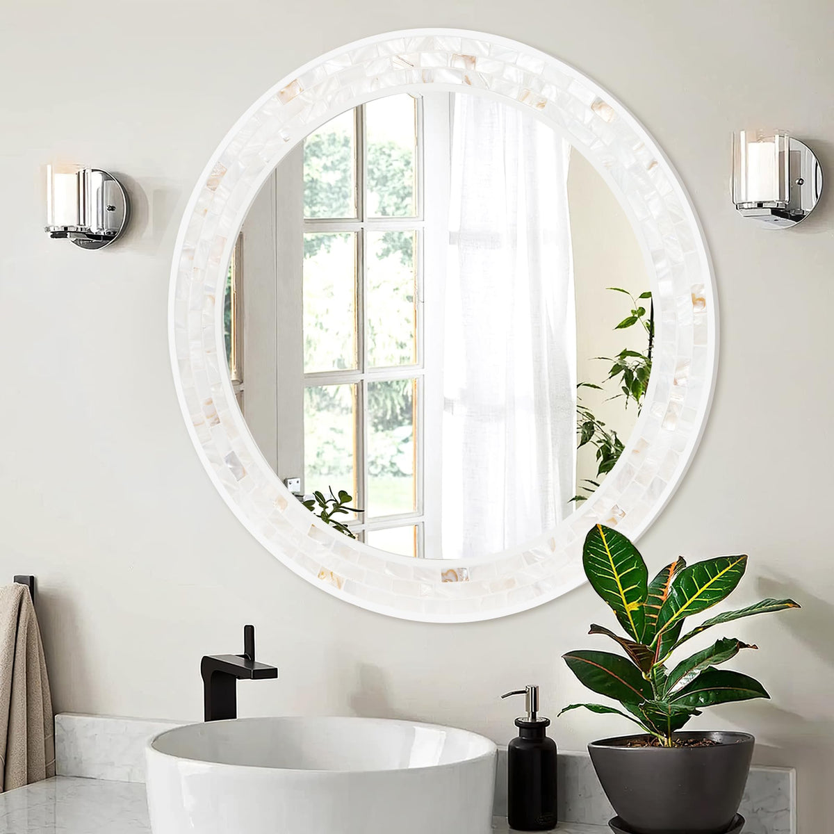 Tanmicoshomy Round Wall Mirror 24 Inch,Circle Mosaic Mirror with Natural Mother of Pearl and Wood Frame, Decorative Coastal Round Wall Mirror for Bathroom Bedroom Living Room Entryway