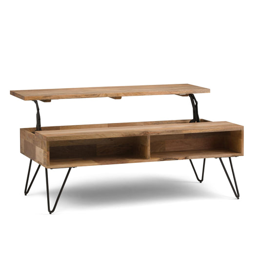 SIMPLIHOME Hunter Lift Top Coffee Table - 48 inch Wide Solid Mango Wood and Metal Industrial Cocktail Table in Natural, Functional Living Room Table with 2 Storage Cubbies and Hairpin Legs