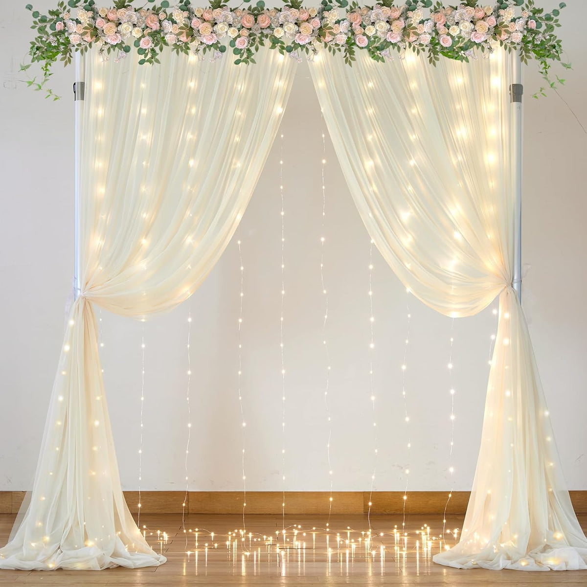 Suppromo 108ft Ivory Sheer Backdrop Curtains with Lights String for Parites Wedding Tulle Backdrop Curtains for Baby
