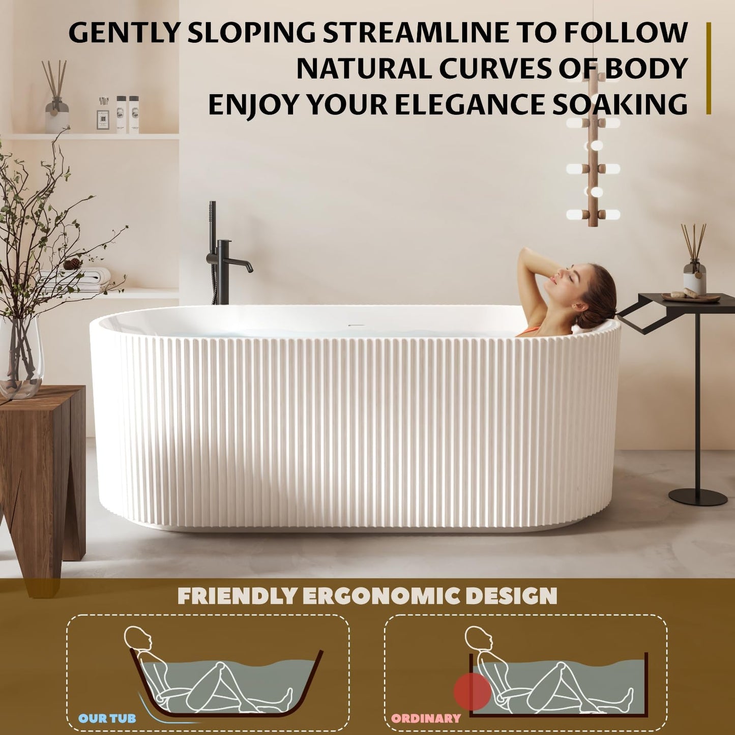 59" Acrylic Freestanding Soaking Bathtub with Striped Design, Bathroom Tub Includes Overflow Cover, Pop-Up Drain, Hidden Drainage System, Easy Installation, cUPC Certified, Glossy White Finish