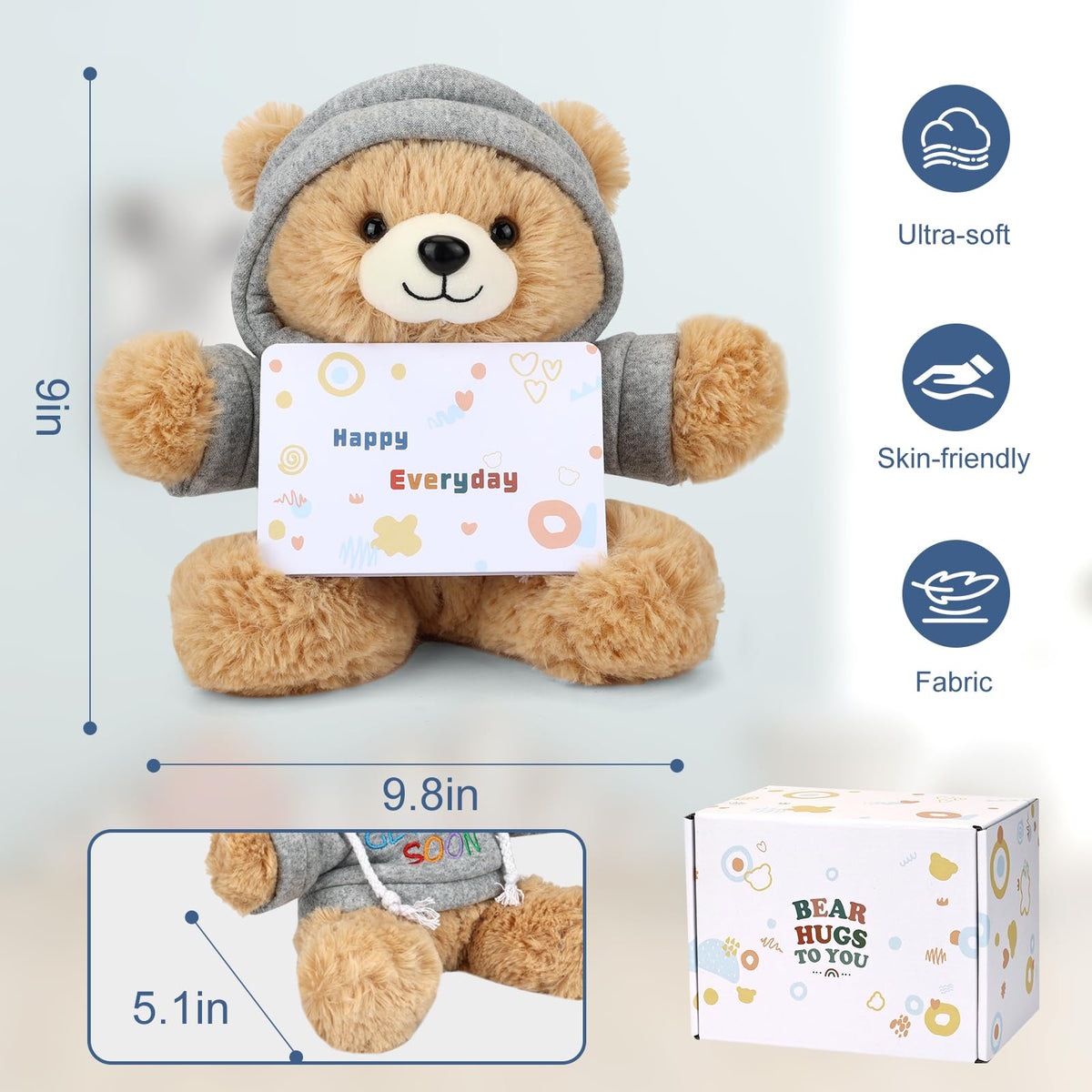 Osacoe Get Well Soon Teddy Bear Stuffed Animal with Gift Box Removable Hoodie for Comfort and Love, for Kids, Women & Men in Tough Time, Get Well Soon Gifts Basket with Beautiful Greeting Card