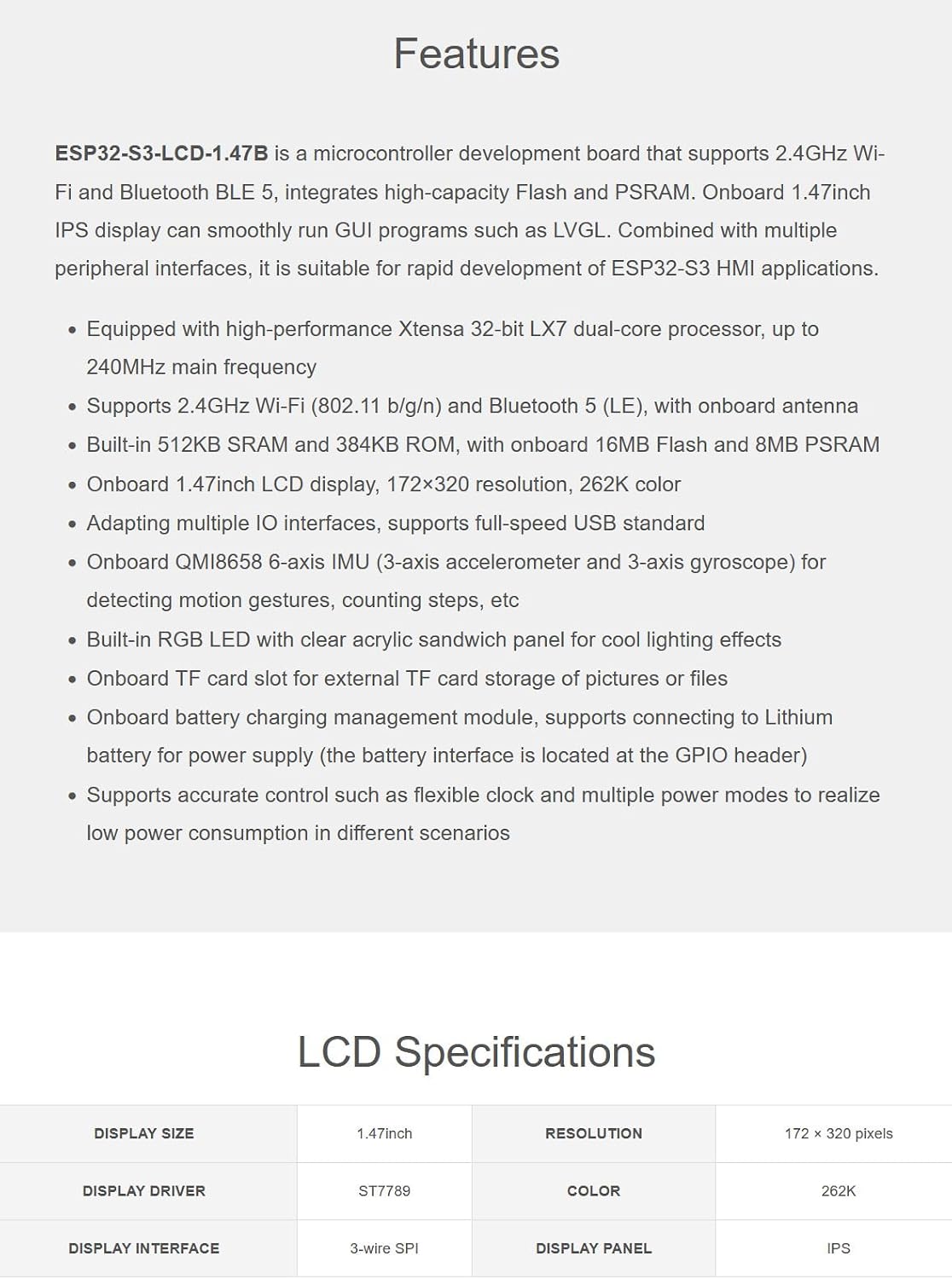 XYGStudy ESP32-S3 1.47inch 172320 262K 2.4GHz 5, 240MHz LX7 (ESP32-S3-LCD-1.47B-M) LCD Display Development Board Type