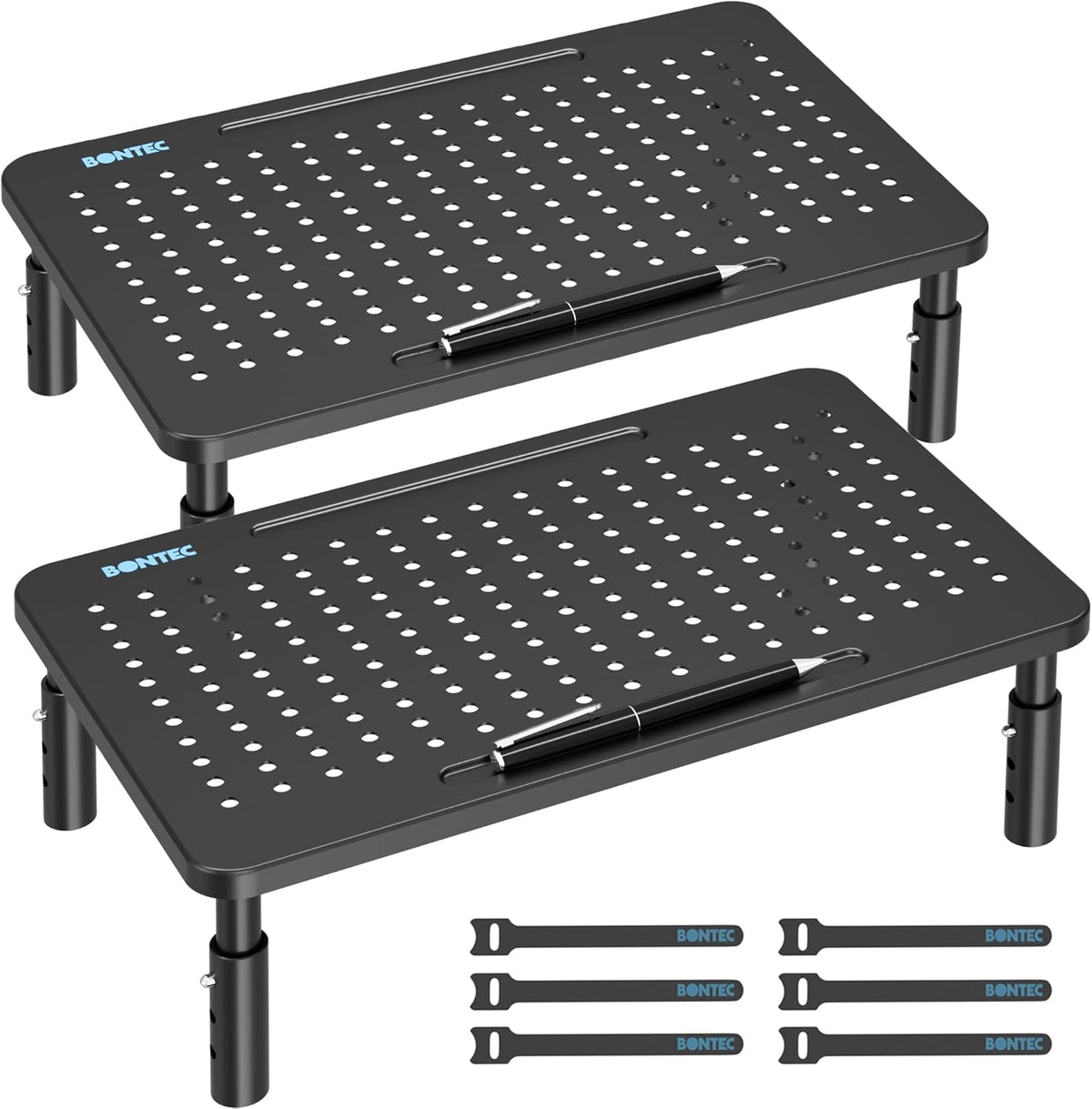 2 Pack 14.5 9.1, BONTEC Monitor Stand Height Adjustable Metal Riser with Pen Holder, Black, x Ergonomic Desktop Stand