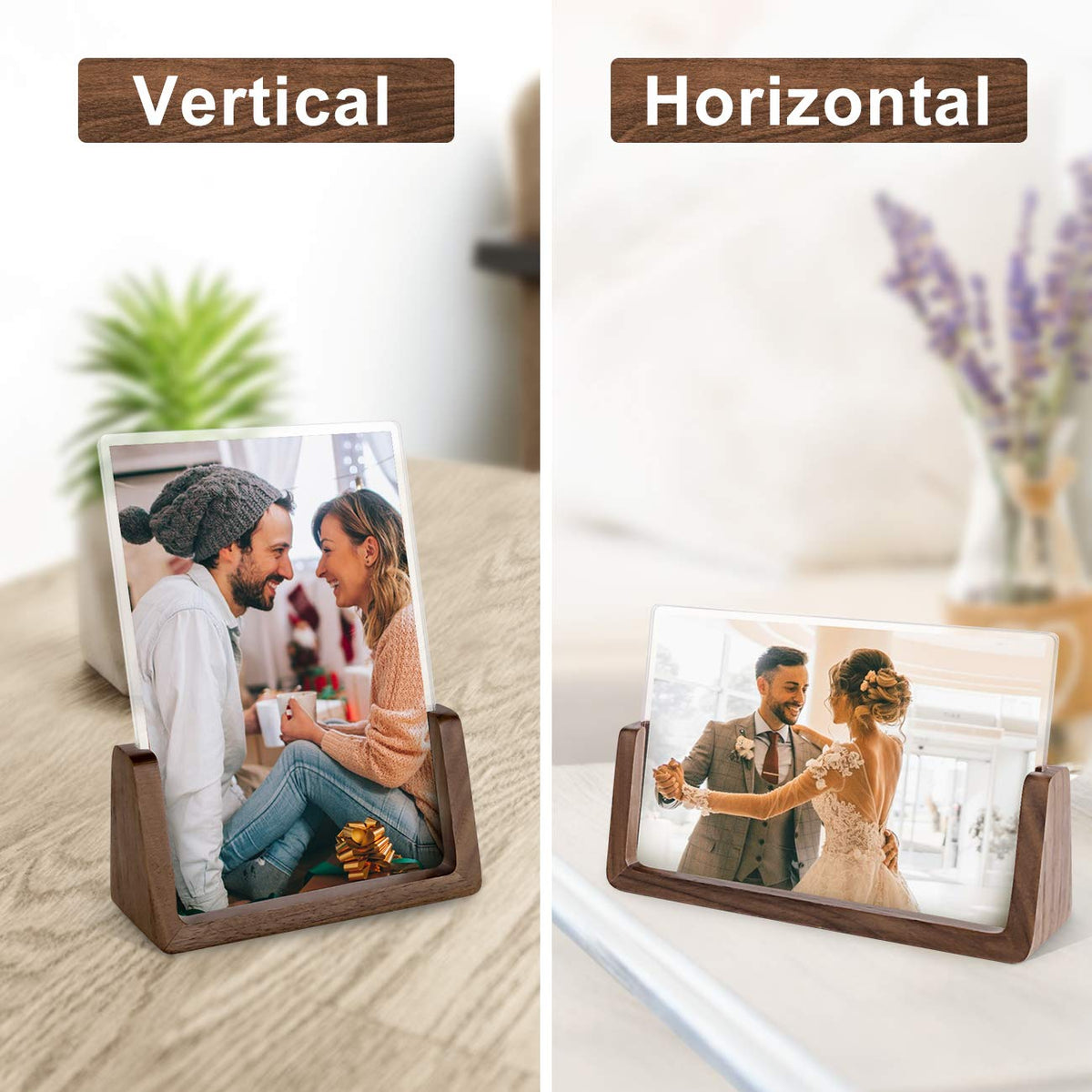 Mixoo 4x6 Picture Frame 2 Pack - Rustic Wooden Picture Frames with Walnut Wood Base and High Definition Break Free Acrylic Photo Covers for Tabletop or Desktop Display (Horizontal + Vertical)