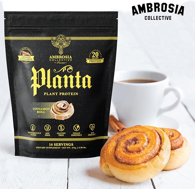 Ambrosia Planta - Premium Plant-Based Protein | Vegan & Keto Friendly | Gourmet Flavors with No Bloating or Stomach Upset | Gluten & Soy Free | No Added Sugar | 14 Servings | (Cinnamon Roll)