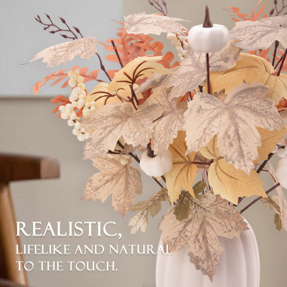 Fall Decor - Ceramic Pumpkin Vase with 15 PCS Autumn Maple Leaf Pumpkin Berry Stems - Table Centerpieces Thanksgiving Farmhouse Neutral Harvest Decorations for Home Indoor Dining Room Kitchen