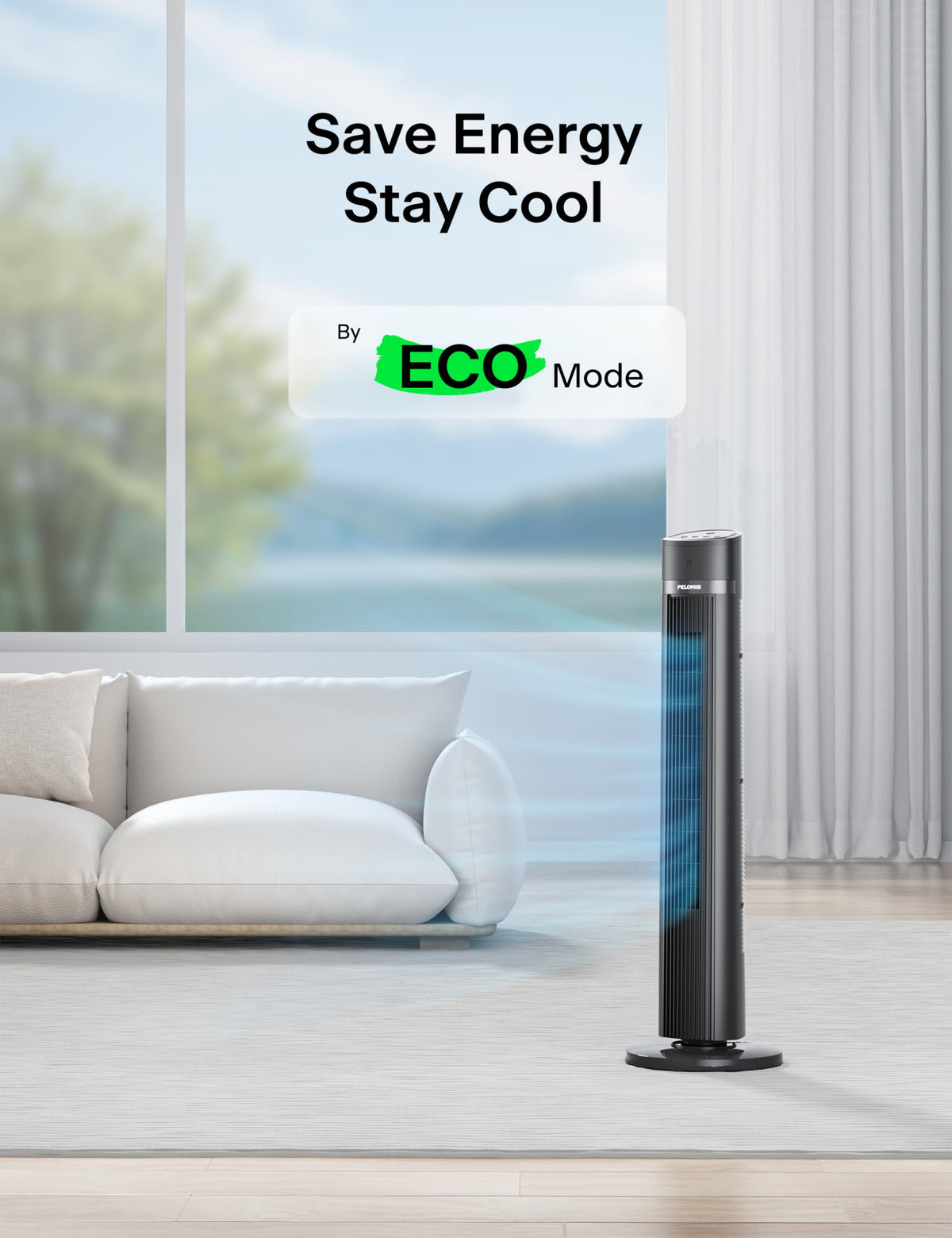 PELONIS 40 inch Bladeless Tower Fan for Bedroom, Standing Fan with Remote Control, 26ft/s, 90° Oscillation, 3 Speed Settings, 27 Db, 3 Modes, 15-Hour Timer, LED Display, Fan that Blows Cold Air, Grey