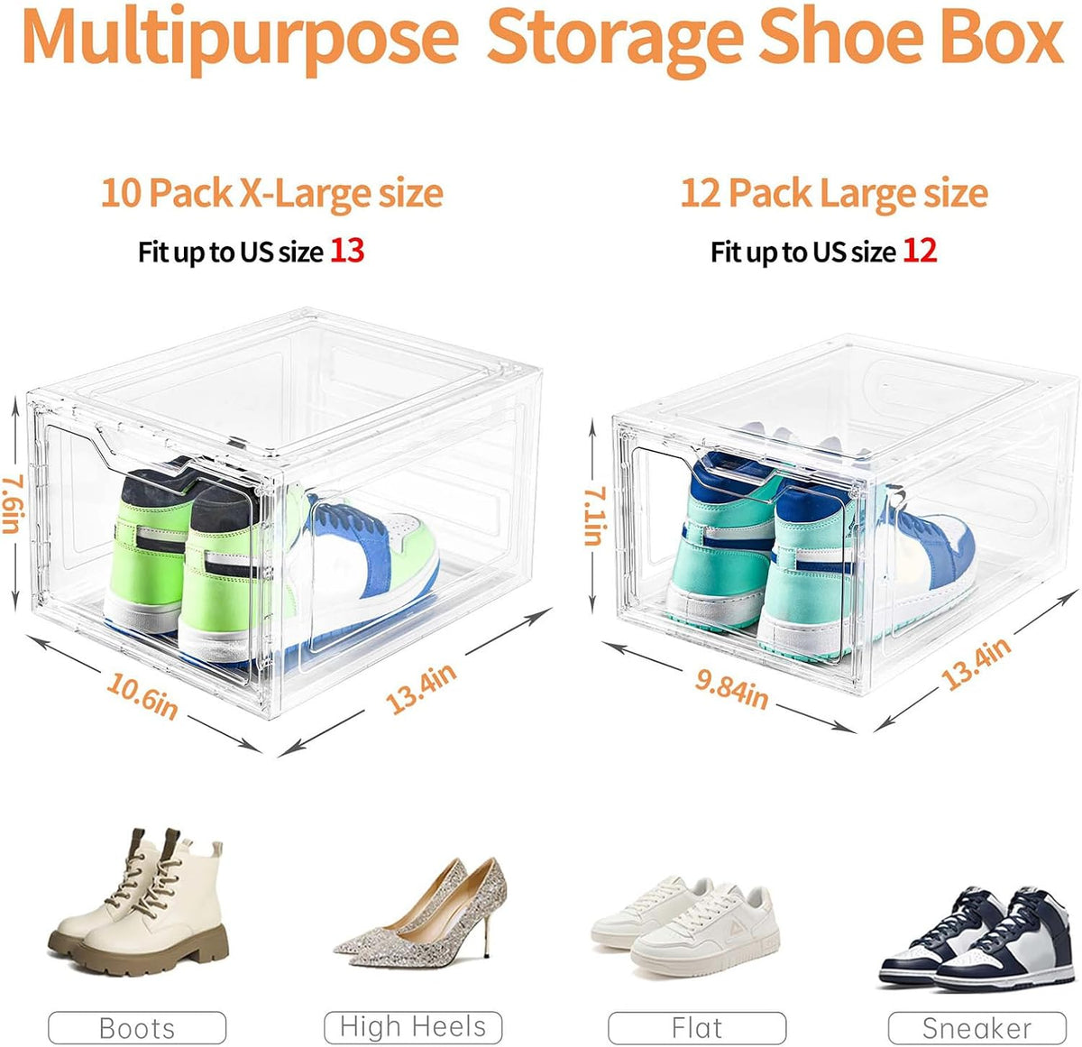 Skiennix Large Clear Shoe Boxes - Stackable Shoe Storage Organizer with Lids | Fits US Size 13