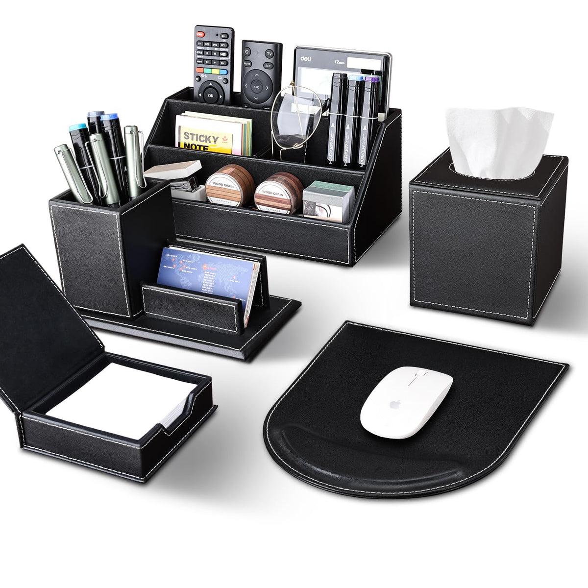 KINGFOM 5PCS Desk Organizer and Accessories Set, Pu Leather Office Supplies with Multifunction Desktop Organizer Storage Box, Tissue Holder, Mouse Pad, Note Paper Holder, Pencil Holder for Desk Black