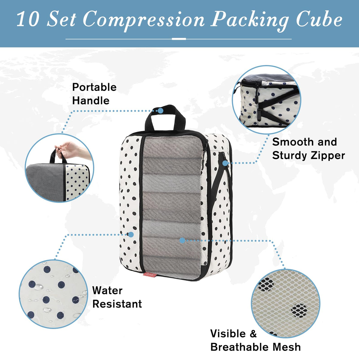 U+U 10 Set Compression Packing Cubes - Travel Organizers with Laundry Bag, Space-Saving Suitcase Organizer, Expandable Packing Organizers for Travel Essentials (Polka Dot)