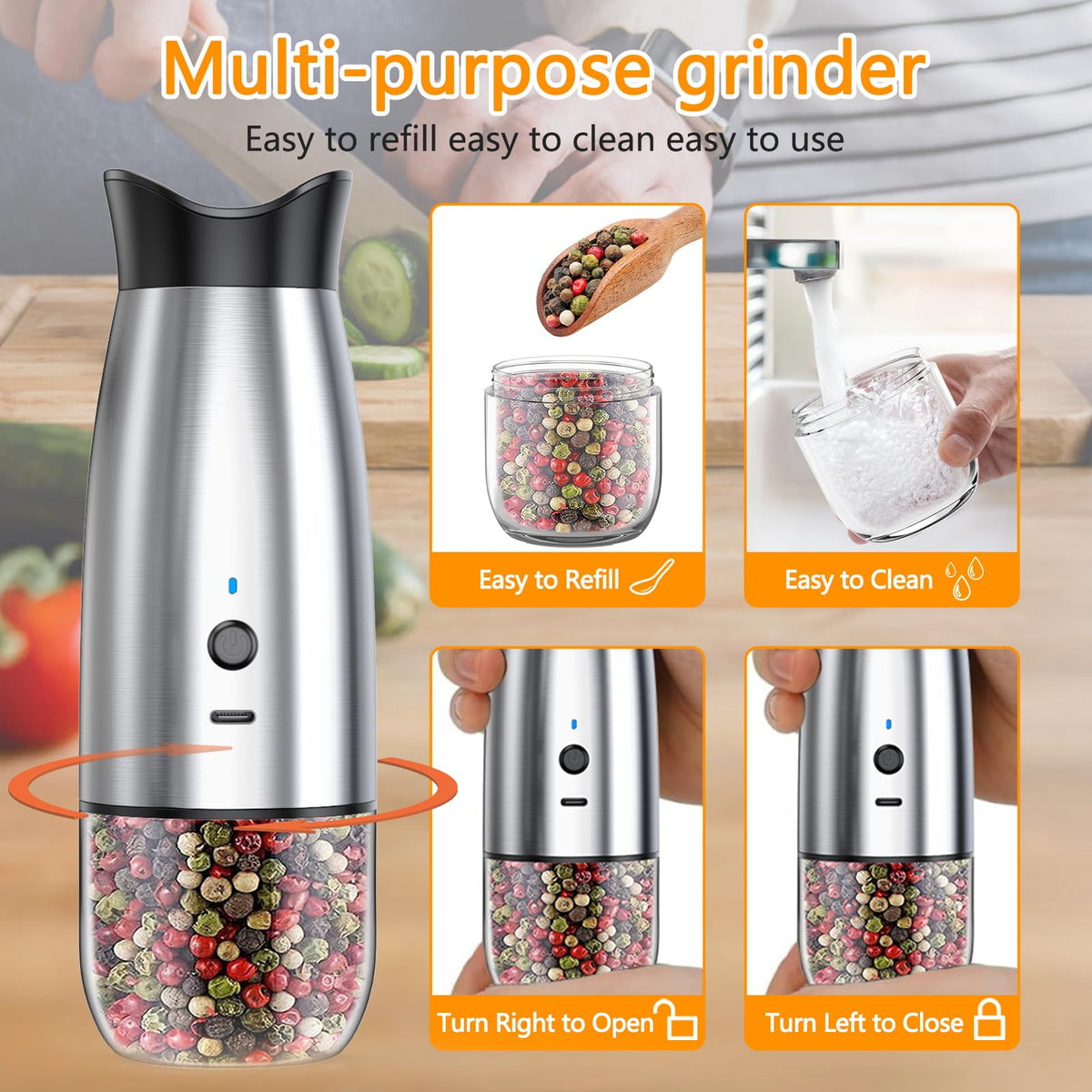 Electric Salt and Pepper Grinder Set, Rechargeable Automatic Pepper Mill Grinder with LED House Warming Gifts New Home, USB Adjustable Coarseness shakers, One-Hand Operation for Kitchen Appliances
