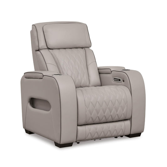 Signature Design by Ashley Boyington Contemporary Leather Match Power Recliner with Adjustable Headrest, Cup Holders, USB Port and Air Massage System, Light Gray