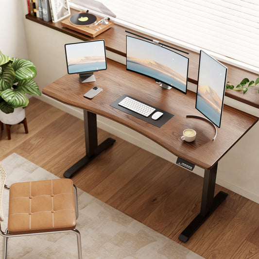 Solid Wood Electric Standing Desk 55"x23.6"Home Office Desk,Adjustable Workbench with 3 Stages Single Motor, Computer Workstation with T-Shaped Metal Bracket,Walnut Standing Table for Gaming(1 Box)