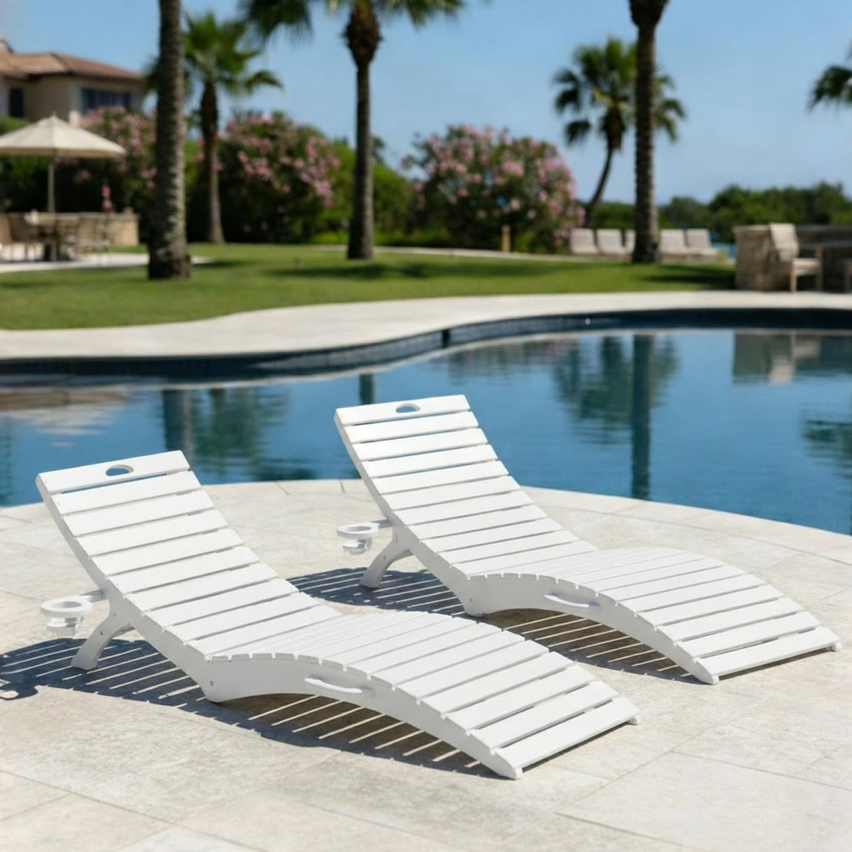 Tobeos Folding HDPE Pool Lounge Chairs Set of 2, Pre-Assembled Outdoor Chaise Lounge with Cup Holder for Poolside, Tanning Ledge, Pool Deck or Beach, Sandbag Not Included (White)