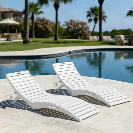 Tobeos Folding HDPE Pool Lounge Chairs Set of 2, Pre-Assembled Outdoor Chaise Lounge with Cup Holder for Poolside, Tanning Ledge, Pool Deck or Beach, Sandbag Not Included (White)