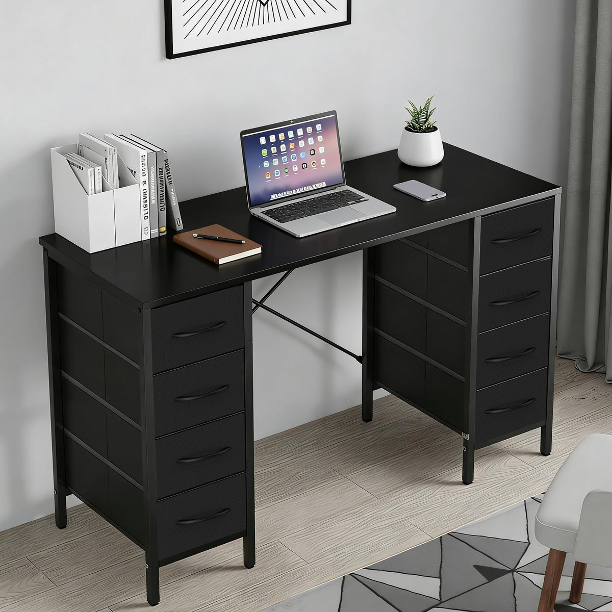 DUMOS 47 Inch Computer Desk with 8 Fabric Drawers, Office Gaming Desk with Storage, Writing Study Table with X-Shaped Reinforced Structure, Black