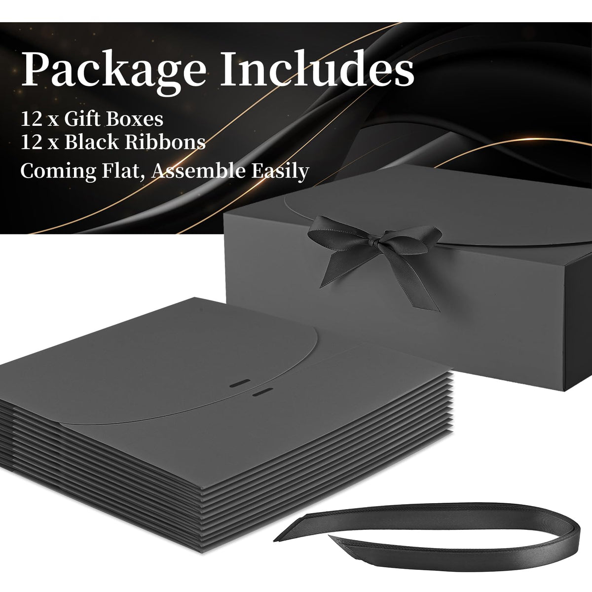 Ocmoiy 12 Pack Gift Boxes with Lids, 10.6x7.8x3.1 Inch Black Paper Gift Box with Ribbon, Bridesmaid Proposal Box for Wedding, Packaging, Baby Shower, Birthday, Christmas, Party, Present Crafting