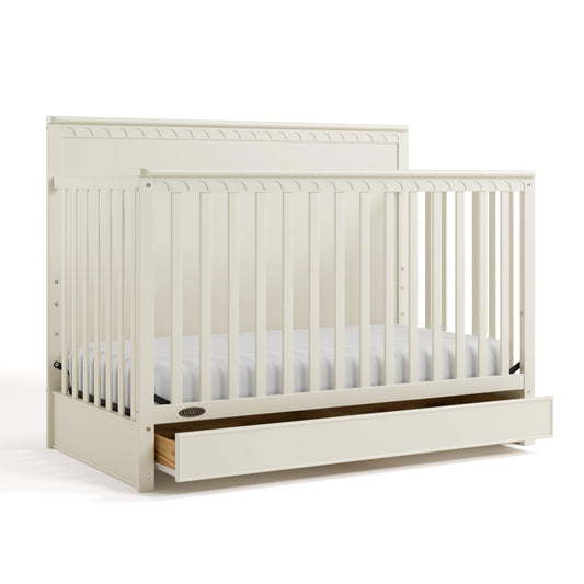 Graco Sasha 5-in-1 Convertible Crib with Drawer – GREENGUARD Gold Certified Wood Crib, Converts to Toddler Bed, Daybed, Full-Size Bed, Stylish Classic Design (Frosted Oat)