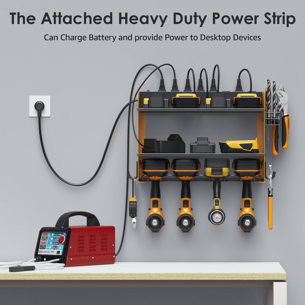 CCCEI Modular Power Tool Organizer Wall Mount with Charging Station. Garage Drill Storage Shelf with Hooks, Heavy Duty Rack, Tool Battery Holder Built in 8 Outlet. Gift for Men. Yellow, 1 Pack.