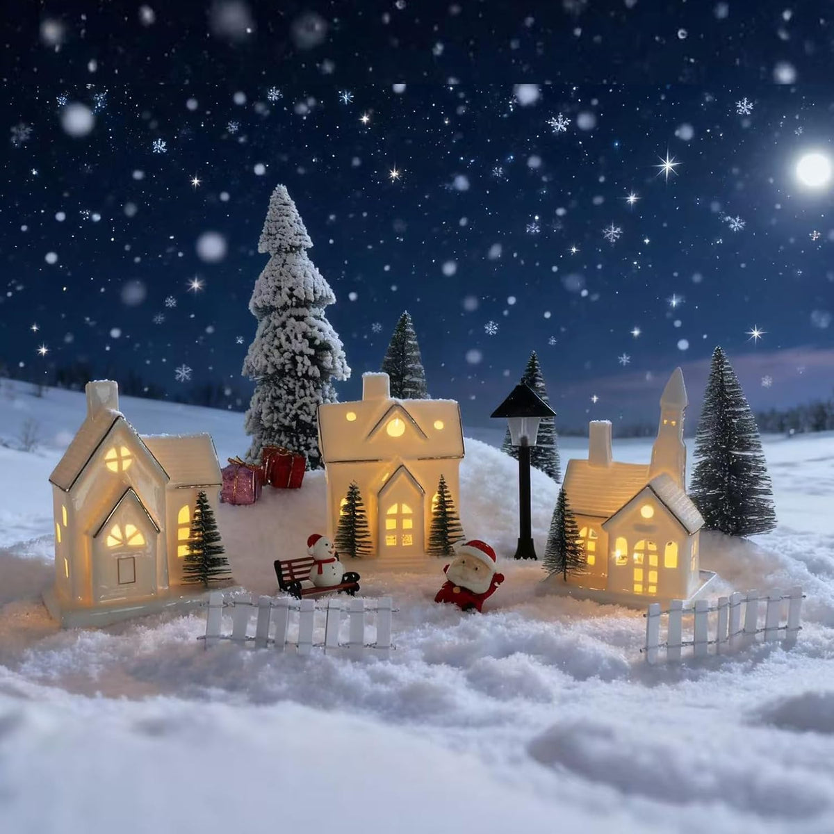 Skiennix White Ceramic Christmas Village Houses Set - 3 Light-Up Figurines with 4 Trees for Holiday Decor