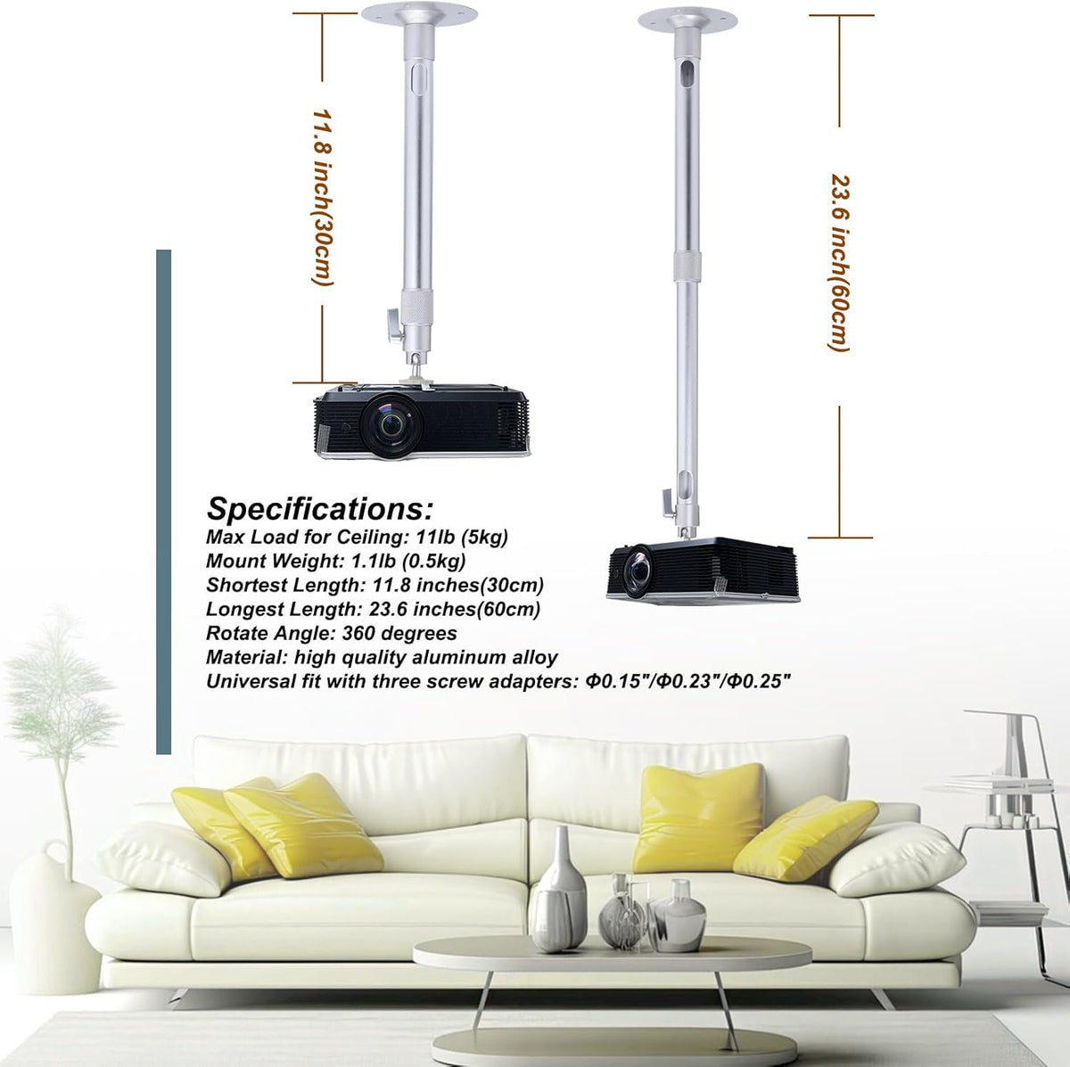 WXLHOTY 11.8 inch 23.6 inch, 11 lbs 360 Universal Projector Wall Ceiling Mount Hanger Adjustable Length from to Load