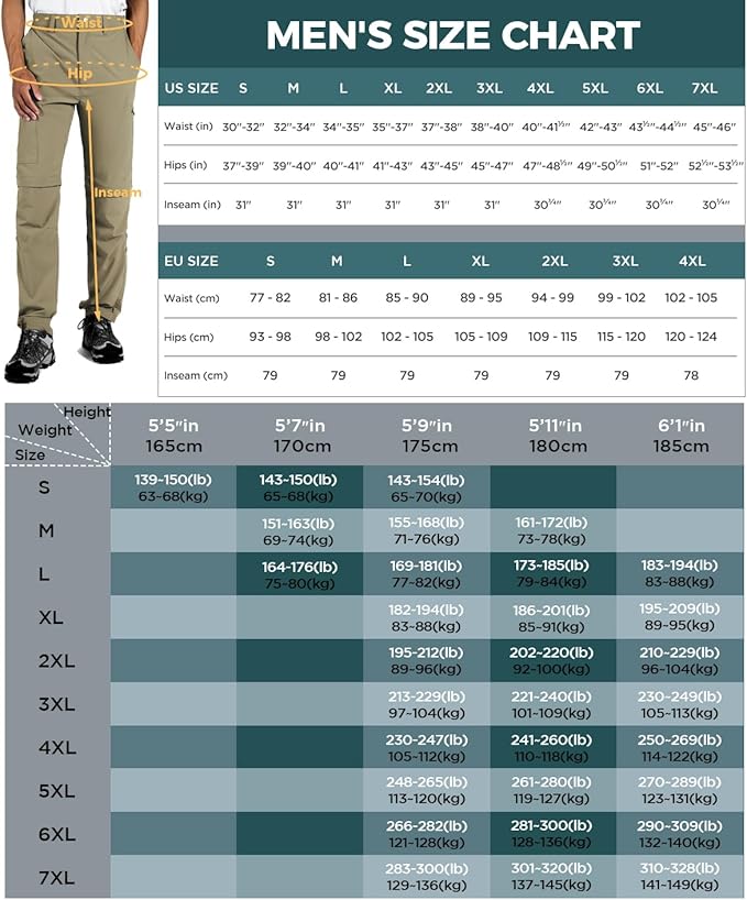 Wespornow Men's-Convertible-Hiking-Pants Quick Dry Lightweight Zip Off Breathable Cargo Pants for Outdoor, Fishing, Safari