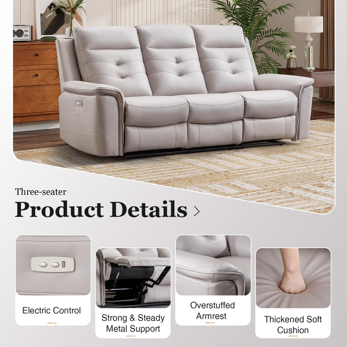 EBELLO 2 Pieces Faux Leather Power Recliner Sofa Set, Reclining Living Room Furniture Set, Included Loveseat and 3 Seat Electric Recliner Sofa, Modern Design for Living Room, Grey