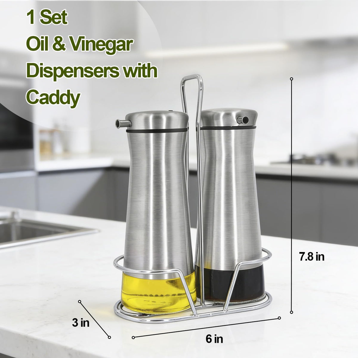 Aelga Oil And Vinegar Dispenser Set with Caddy - 2 Pack Oil Dispenser Bottle for Kitchen with No-Drip - Kitchen Decor and Accessories for Home Restaurants Weddings