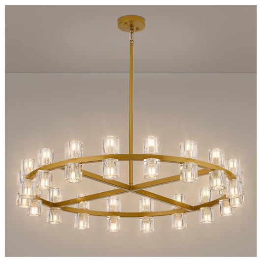 MeiYDeng 36 Inch Gold Crystal Wagon Wheel Chandelier, Modern Farmhouse Round 36-Lights Pendant Lighting Fixture, for High Ceilings Living Room, Bedroom, Foyer