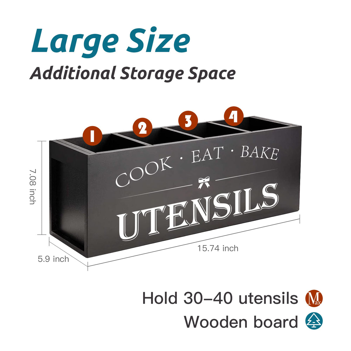 Suli Extra Large Kitchen Utensils Holder with 4 Compartments, Wooden Utensil Organizer for Kitchen Countertop, Farmhouse Kitchen Decor, Rustic Cooking Utensil - Black