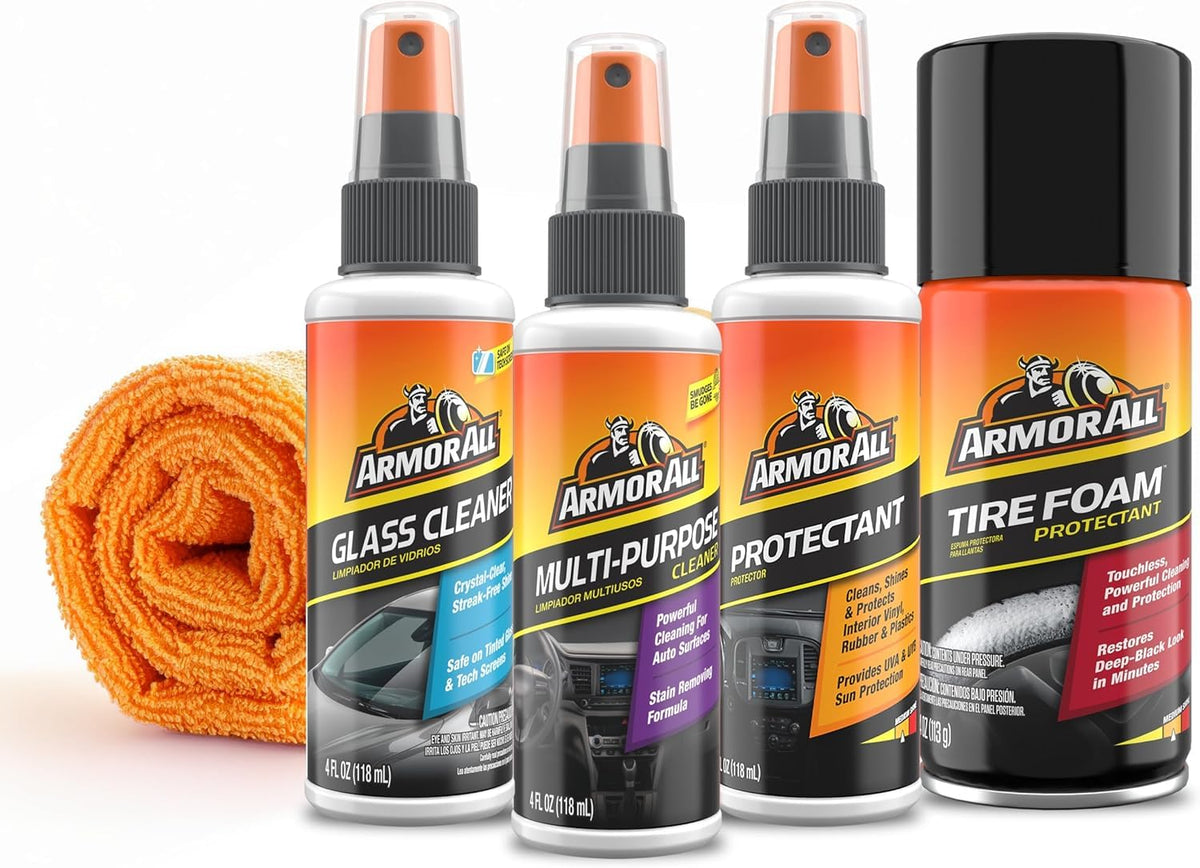 Armor All Car Wash and Car Interior Cleaner Kit, Includes Towel, Tire Foam, Glass Spray, Protectant Spray and Cleaning Spray, Multicolor, 5 Count (Pack of 1)