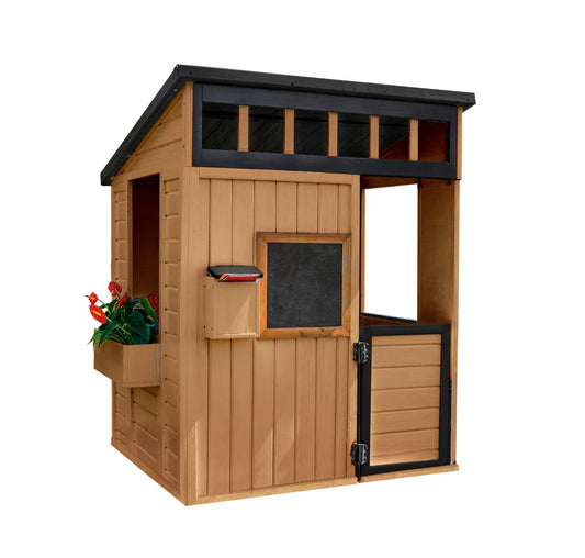 Backyard Discovery Caraway Cottage Cedar Wooden Kids Playhouse with Play Kitchen, Chalkboard, Mailbox, Half Door, Windows, Flower Box, Modern Farmhouse Design for Outdoor Imaginative Play