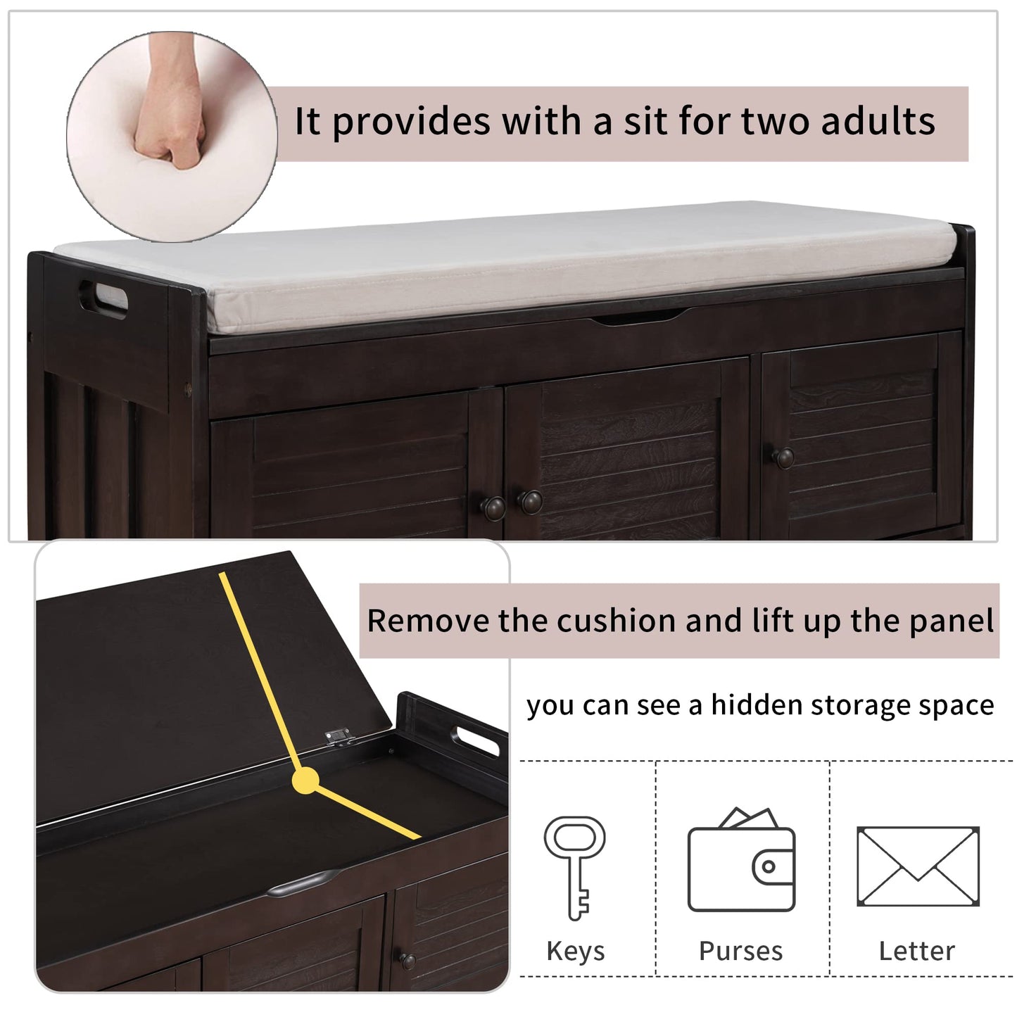 Brisca Wood Storage Bench 3 Shutter-Shaped Doors,Multifunction Shoebox,W/ 2 Size and Removable Cushion & Hidden Savings Space,for Entryway,Bedroom,Living Room,Espresso