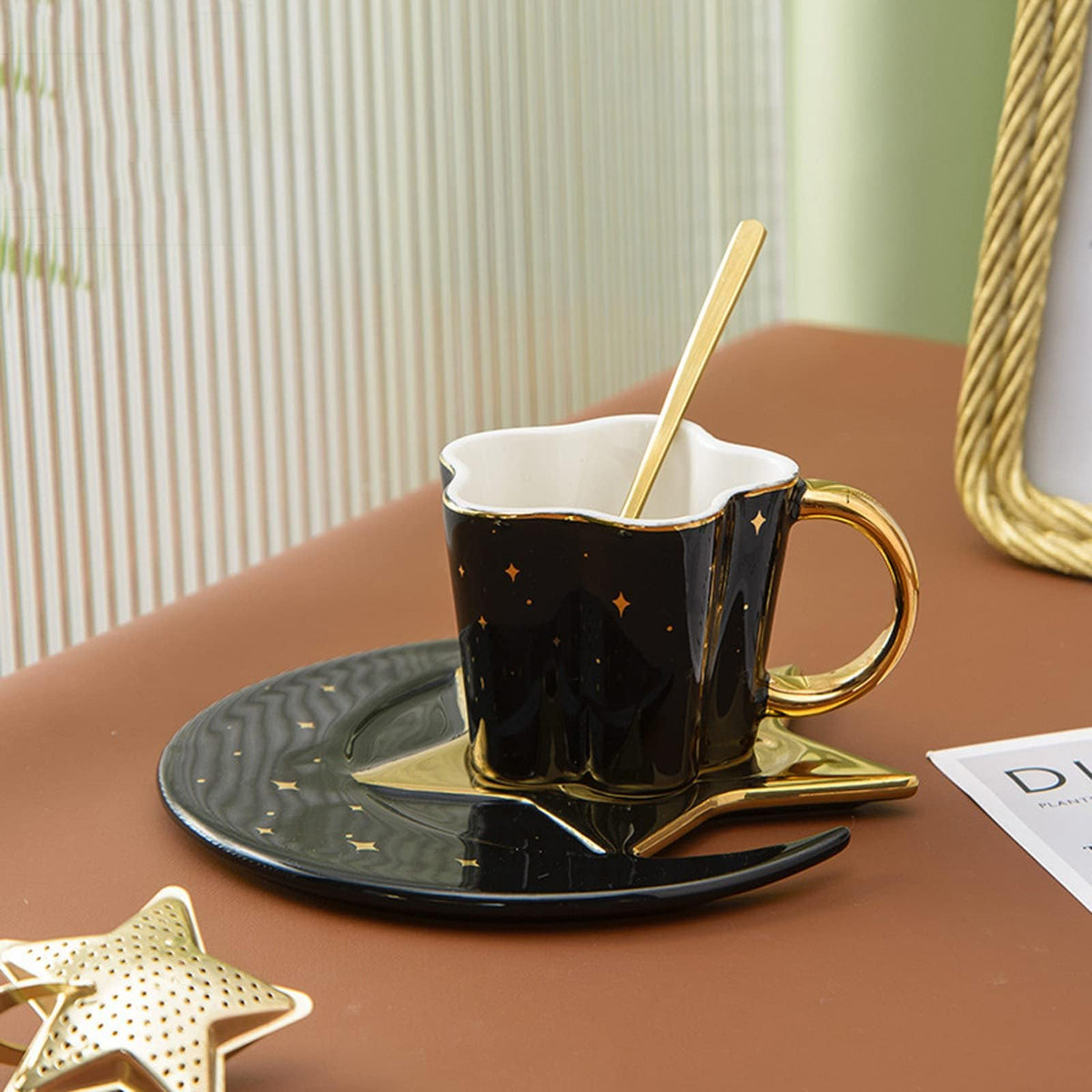 4.2 Ounce Irregular Ceramic Coffee Cup,Gold Plate Handle Mug,Moon and Star Shape Coffee Tea Cup and Saucer Sets with spoon,for Cappuccino,Tea,Cocoa,Cereal,Hot Chocolate (Black with Golden)