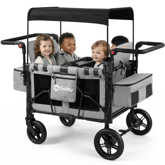 Sekey 4 Seater Stroller Wagon for Kids - Premium Quality with Convertible Seats, Adjustable Push Handles, Removable Canopy, Snack Tray & Cooler, US Certified.
